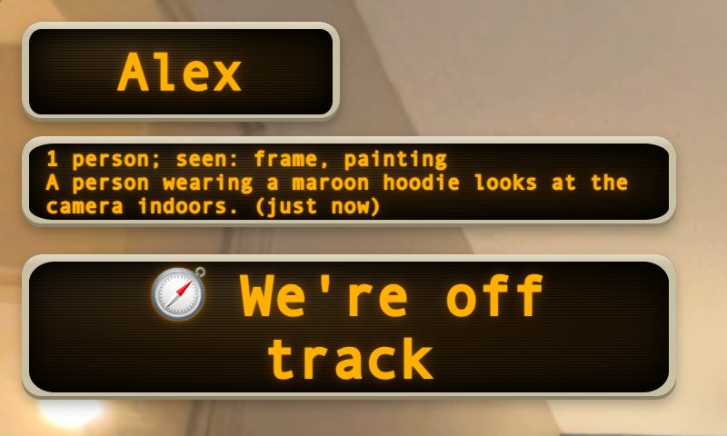 Sceneuron overlay in the 80s theme: name label, live description and a “We're off track” card.