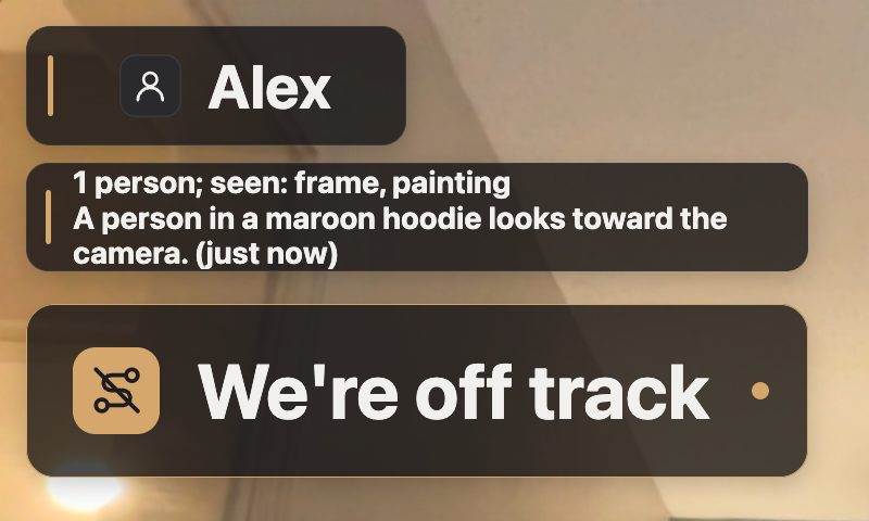 Sceneuron overlay in the Graphite theme: name label, live description and a “We're off track” card.