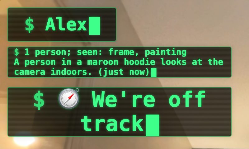 Sceneuron overlay in the Hacker theme: name label, live description and a “We're off track” card.